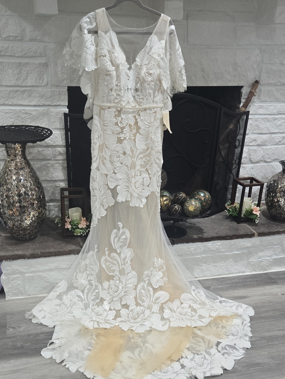 Ivory Floral Lace Bridal Gown with Sheer Train